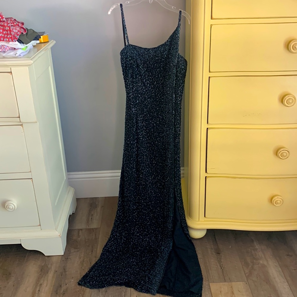 Cache perfect prom dress, black underlay with navy colored shimmery beading.